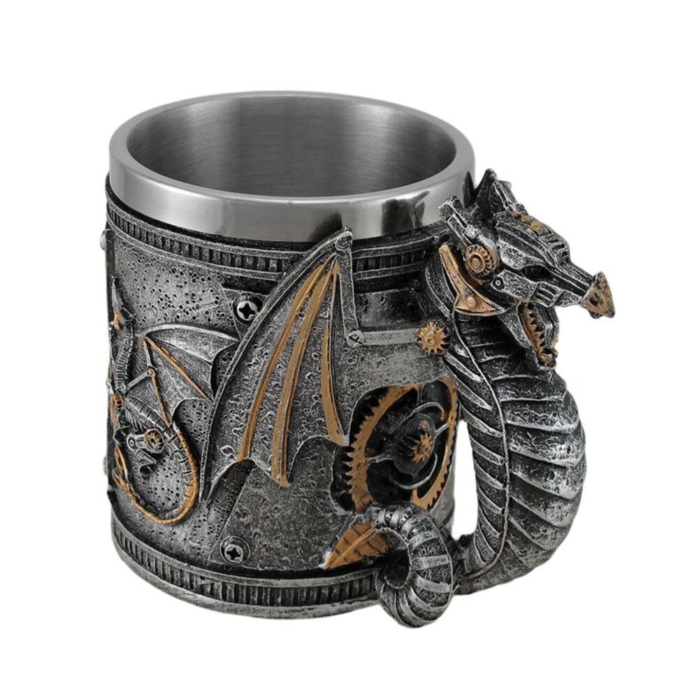 Steampunk Geared Dragon Stainless Steel Lined Silvered Tankard